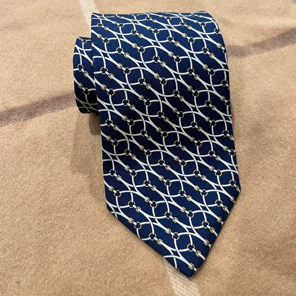 Brooks Brothers Makers USA Luxury Silk Neck Tie Handmade Navy Chain link Print